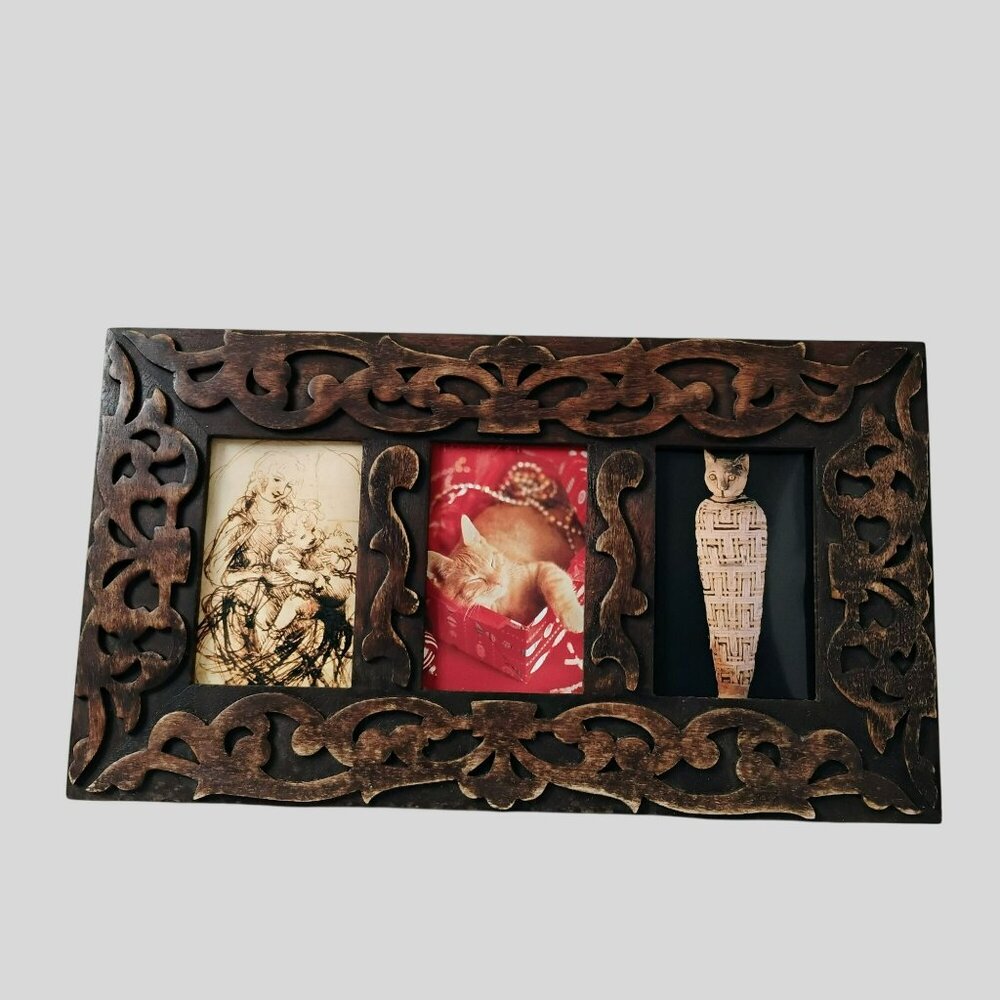 Vintage Handcrafted Wooden Triple Photo Frame With Intricate Carvings & Cat Art